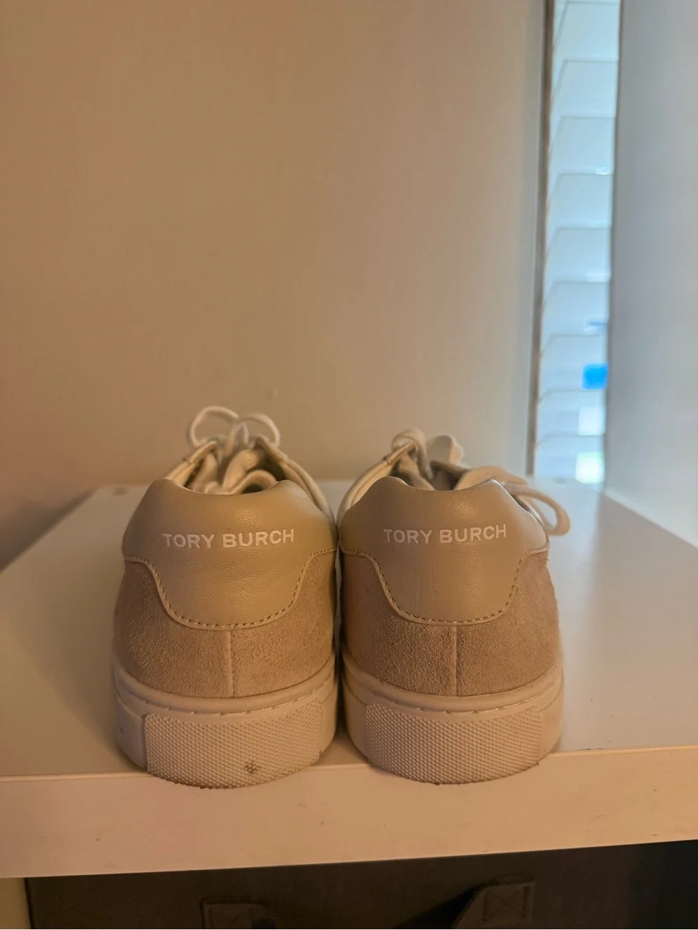Tory Burch White and Beige Suede-Trim Leather Sneakers